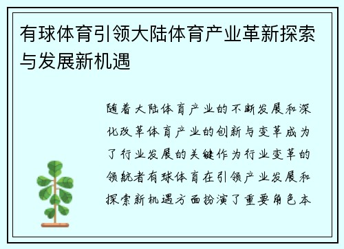 有球体育引领大陆体育产业革新探索与发展新机遇